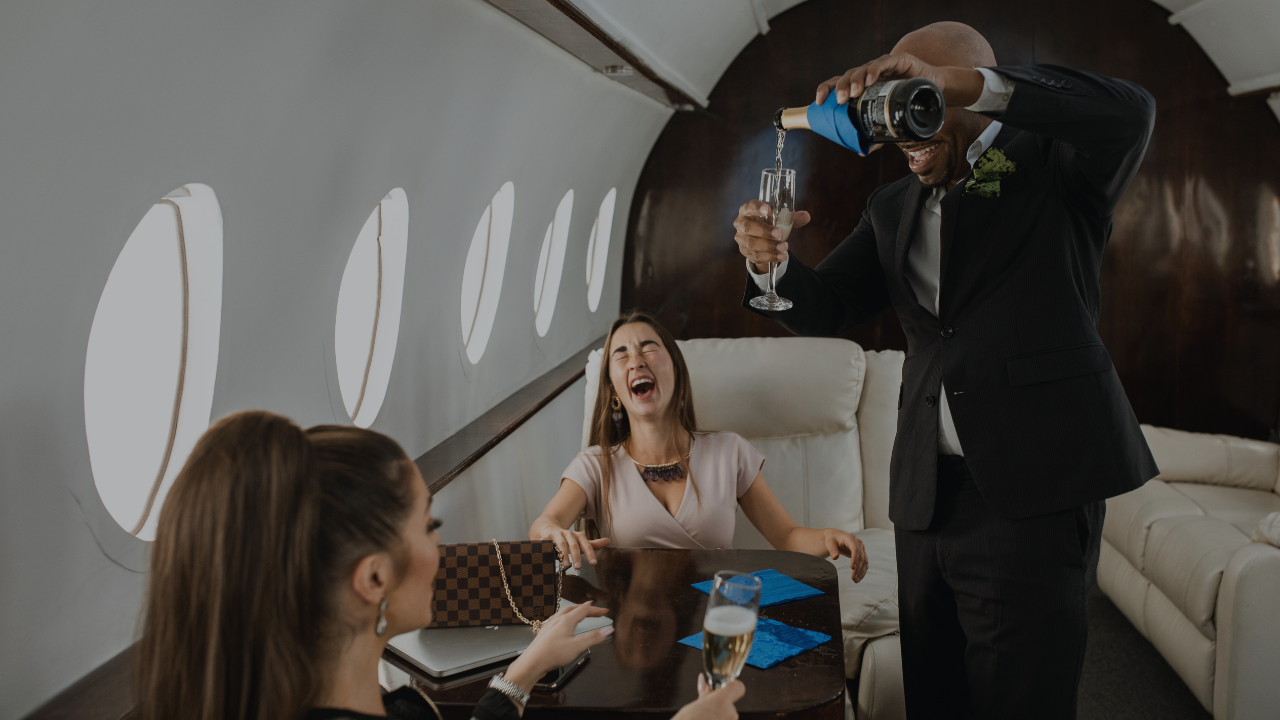 Private jet cabin showing comfortable seating for crew