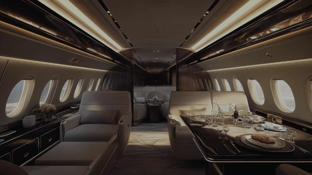 Luxury private jet interior with dining setup for US charter routes
